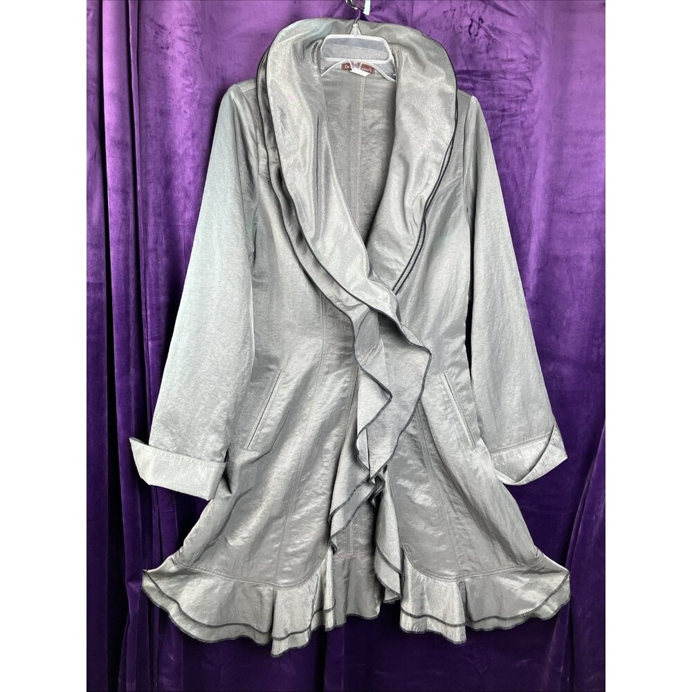 L Vintage 90s Y2K Water Repellant Frock Ruffle Stand Collar Riding Rain Coat